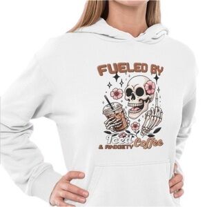 Champion White Pullover Hoodie Fueled by Ice Coffee & Anxiety Skeleton Print
